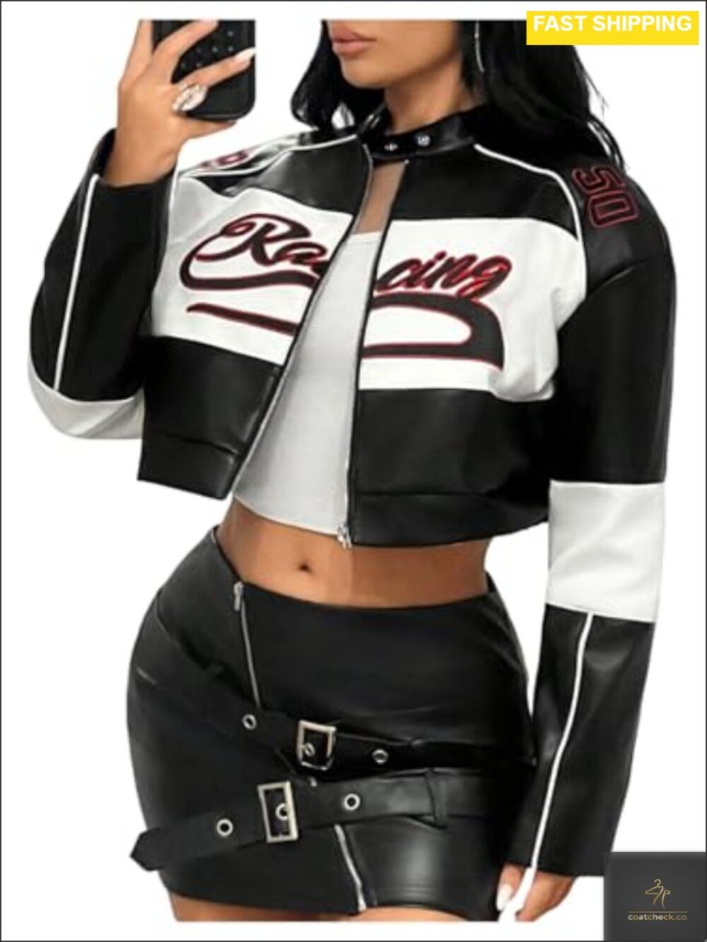 Faux Leather Zip Up Crop Graphic Jacket Y2K Streetwear Casual